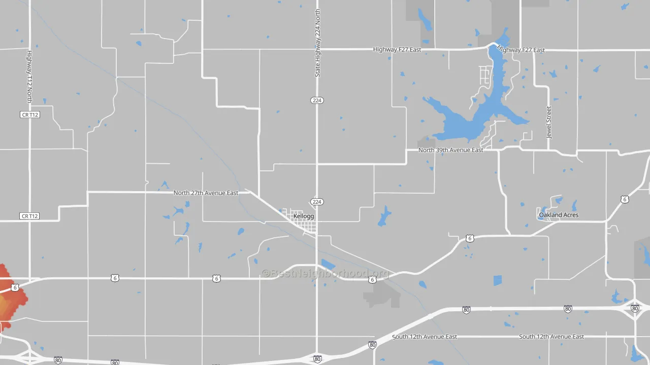 Walk Grade map of Kellogg, IA, walkable areas in green and car-dependent areas in red