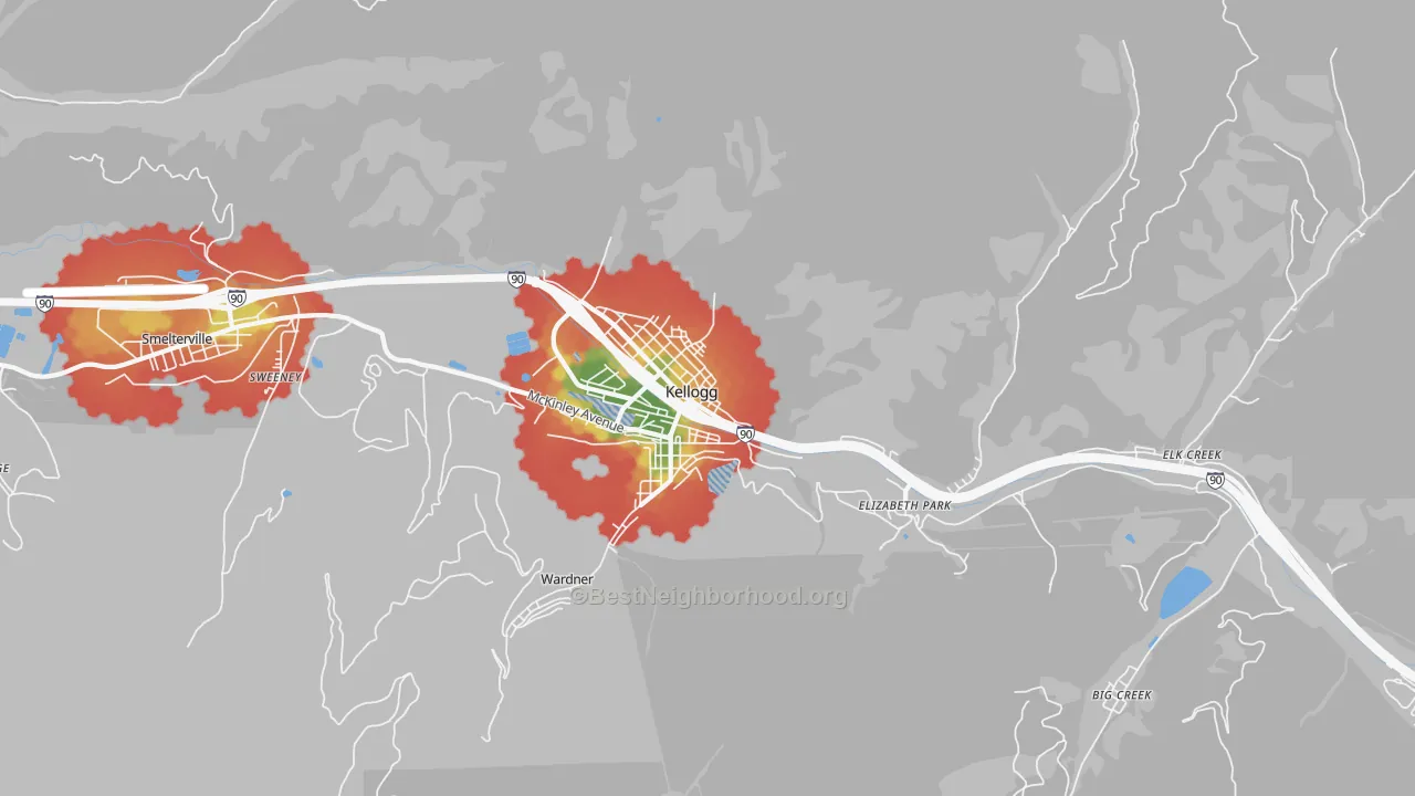 Walk Grade map of Kellogg, ID, walkable areas in green and car-dependent areas in red