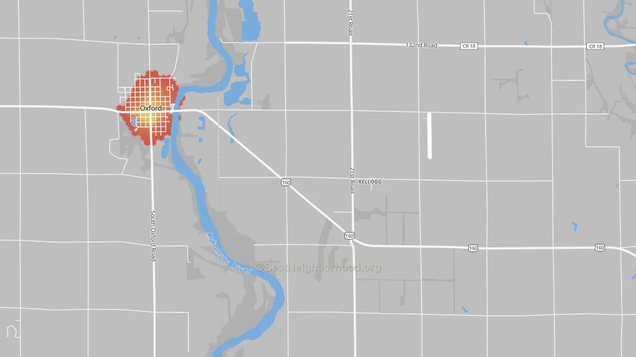 Walk Grade map of Kellogg, KS, walkable areas in green and car-dependent areas in red