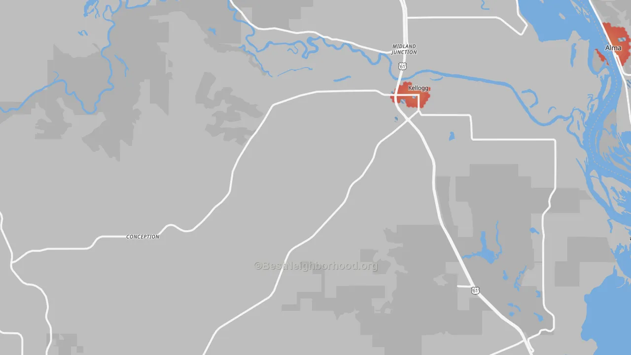 Walk Grade map of Kellogg, MN, walkable areas in green and car-dependent areas in red