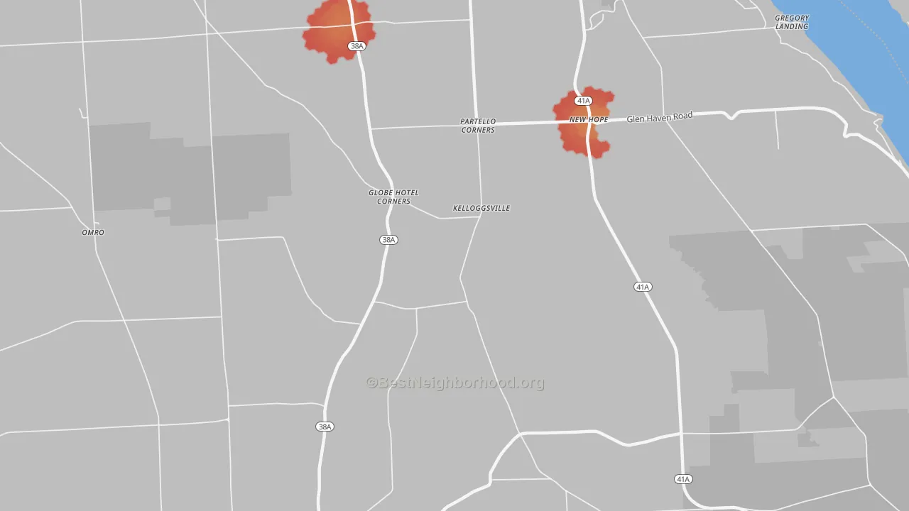 Walk Grade map of Kelloggsville, NY, walkable areas in green and car-dependent areas in red