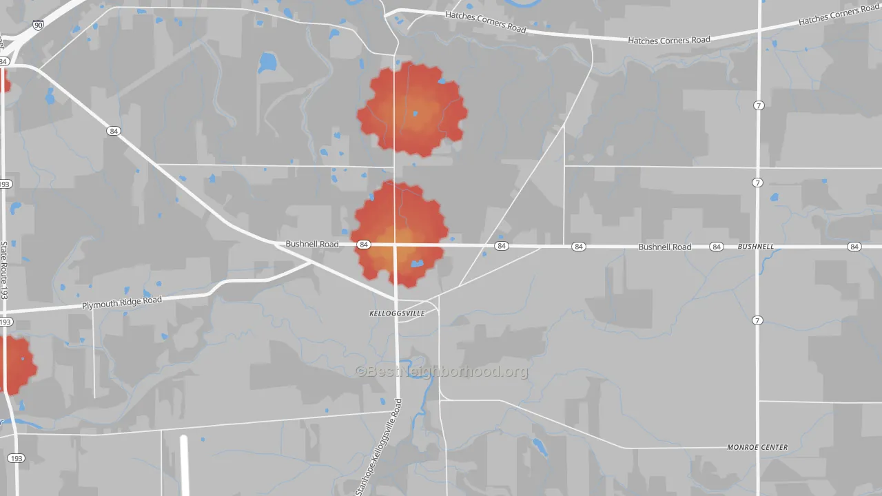 Walk Grade map of Kelloggsville, OH, walkable areas in green and car-dependent areas in red