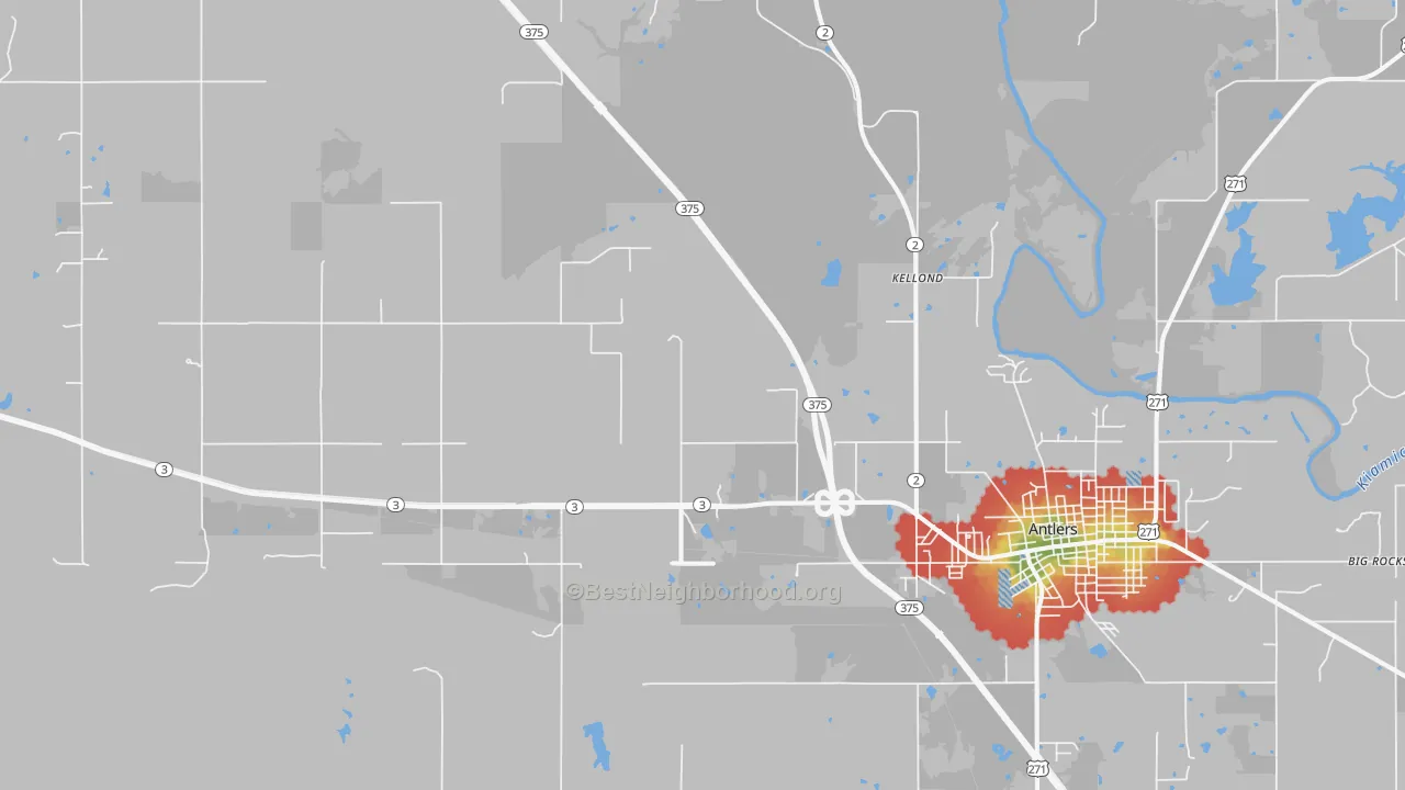 Walk Grade map of Kellond, OK, walkable areas in green and car-dependent areas in red