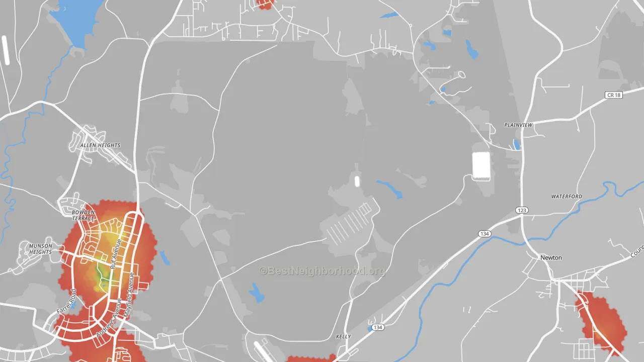 Walk Grade map of Kelly, AL, walkable areas in green and car-dependent areas in red