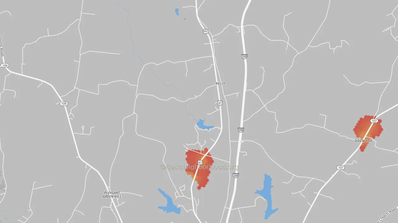 Walk Grade map of Kelly, KY, walkable areas in green and car-dependent areas in red