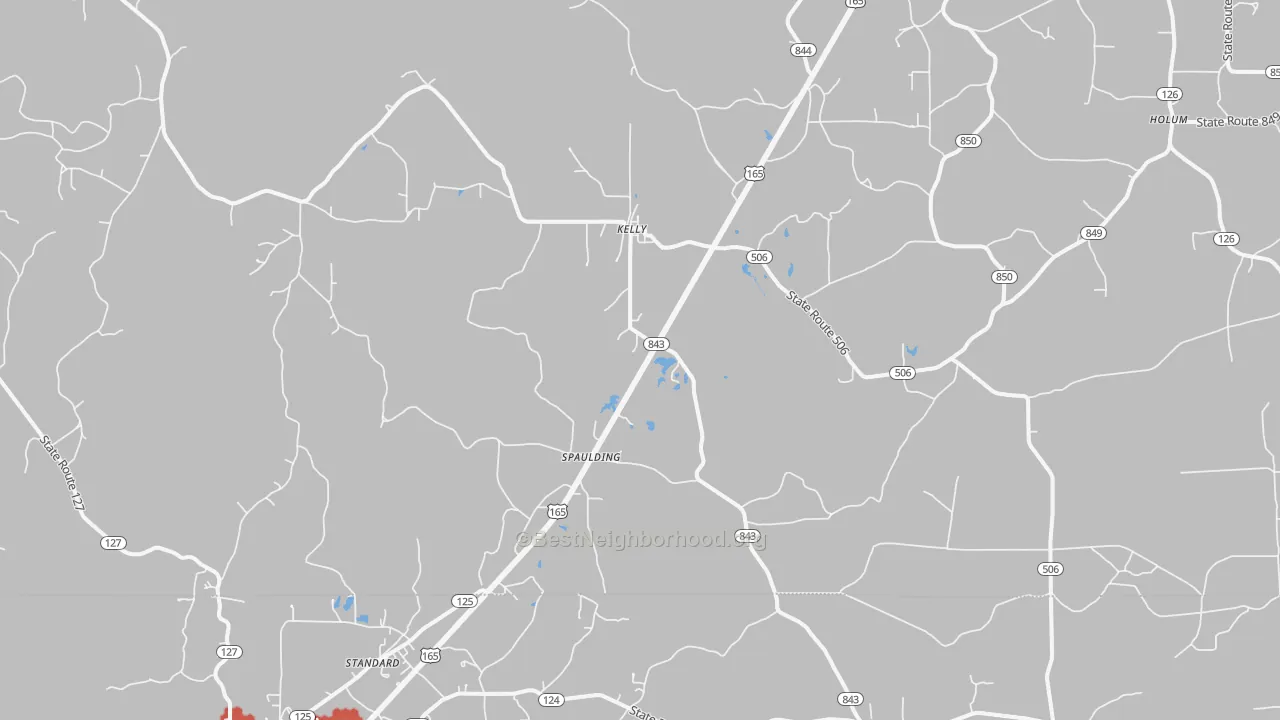 Walk Grade map of Kelly, LA, walkable areas in green and car-dependent areas in red