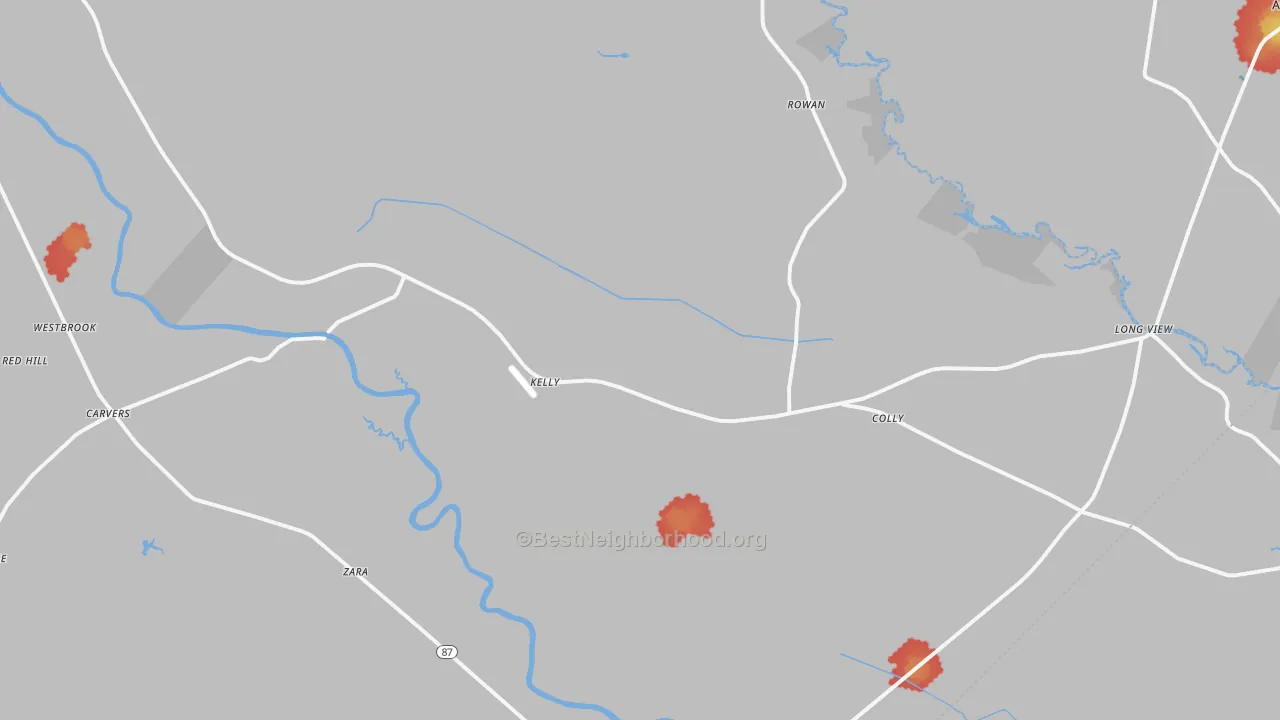 Walk Grade map of Kelly, NC, walkable areas in green and car-dependent areas in red