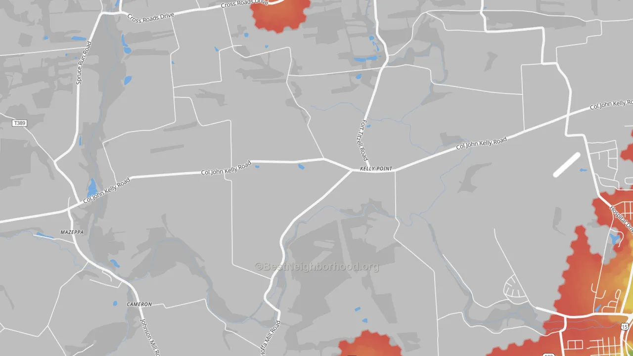 Walk Grade map of Kelly Point, PA, walkable areas in green and car-dependent areas in red