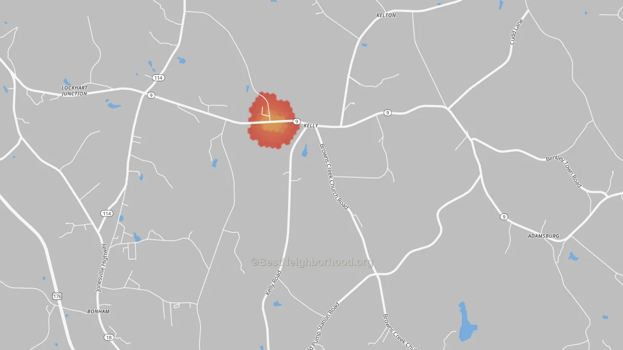 Walk Grade map of Kelly, SC, walkable areas in green and car-dependent areas in red