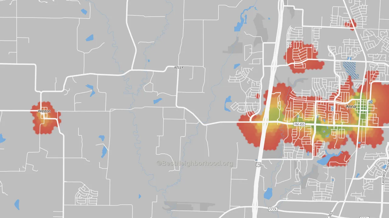 Walk Grade map of Kelly, TX, walkable areas in green and car-dependent areas in red