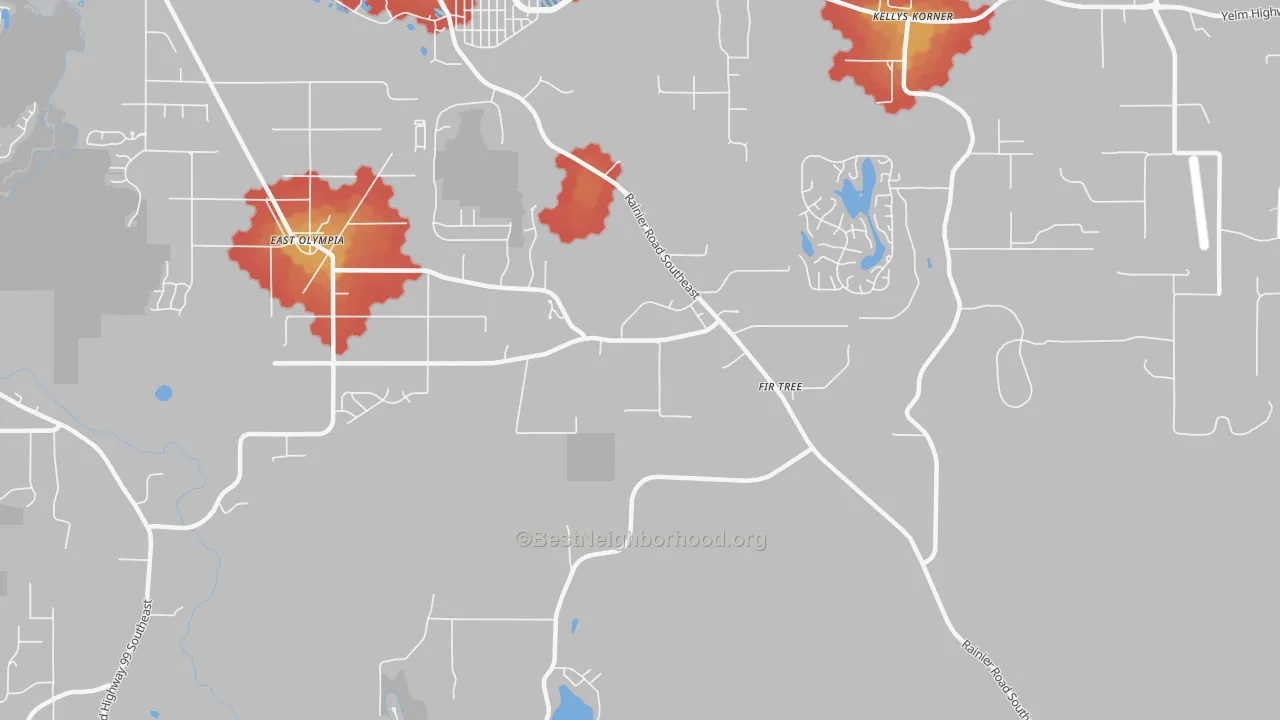 Walk Grade map of Kellys Korner, WA, walkable areas in green and car-dependent areas in red