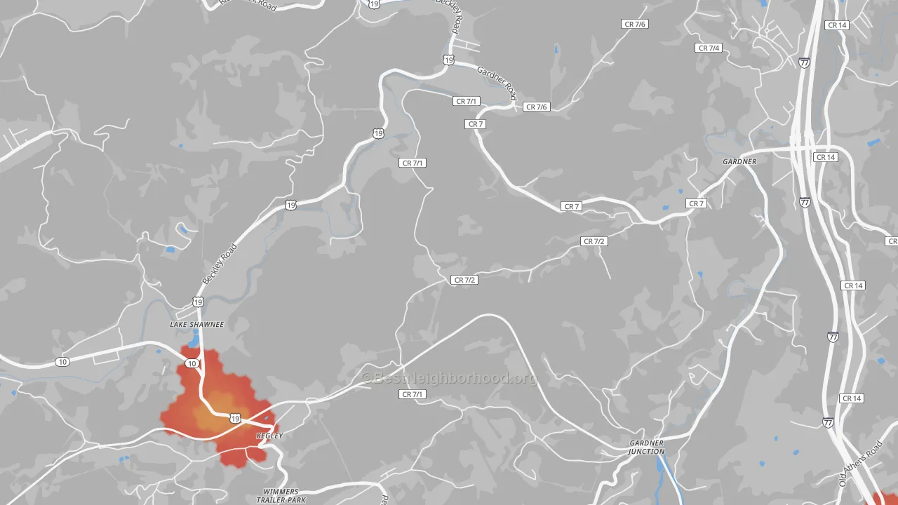 Walk Grade map of Kellysville, WV, walkable areas in green and car-dependent areas in red