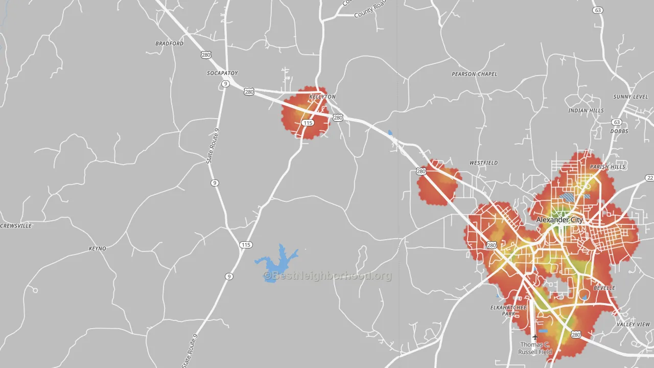 Walk Grade map of Kellyton, AL, walkable areas in green and car-dependent areas in red