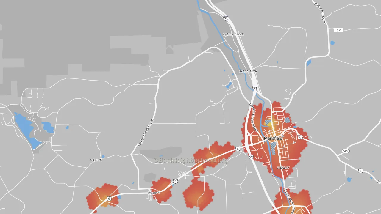 Walk Grade map of Kellytown, PA, walkable areas in green and car-dependent areas in red