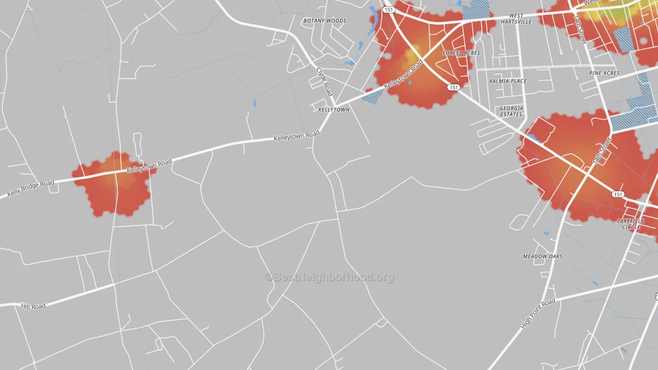 Walk Grade map of Kellytown, SC, walkable areas in green and car-dependent areas in red