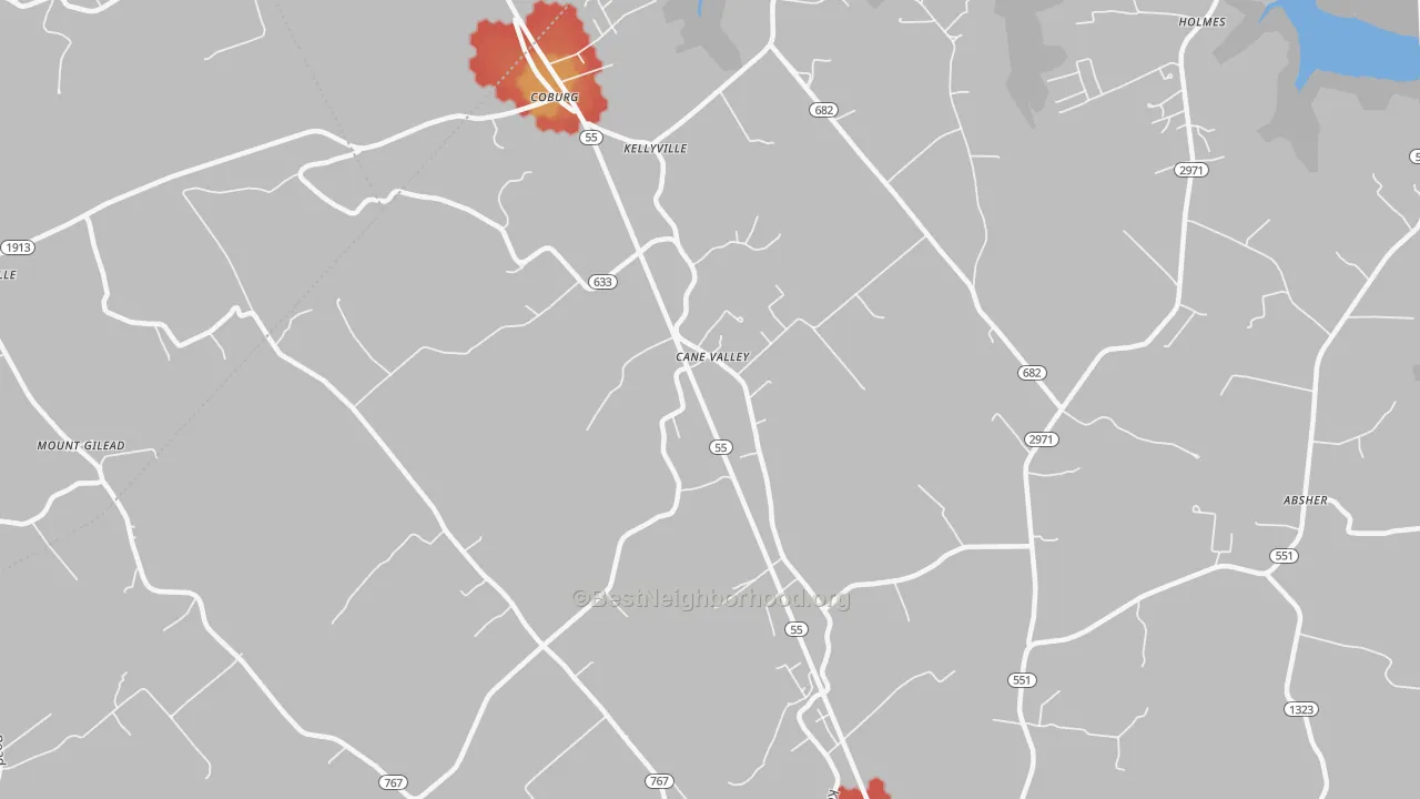 Walk Grade map of Kellyville, KY, walkable areas in green and car-dependent areas in red