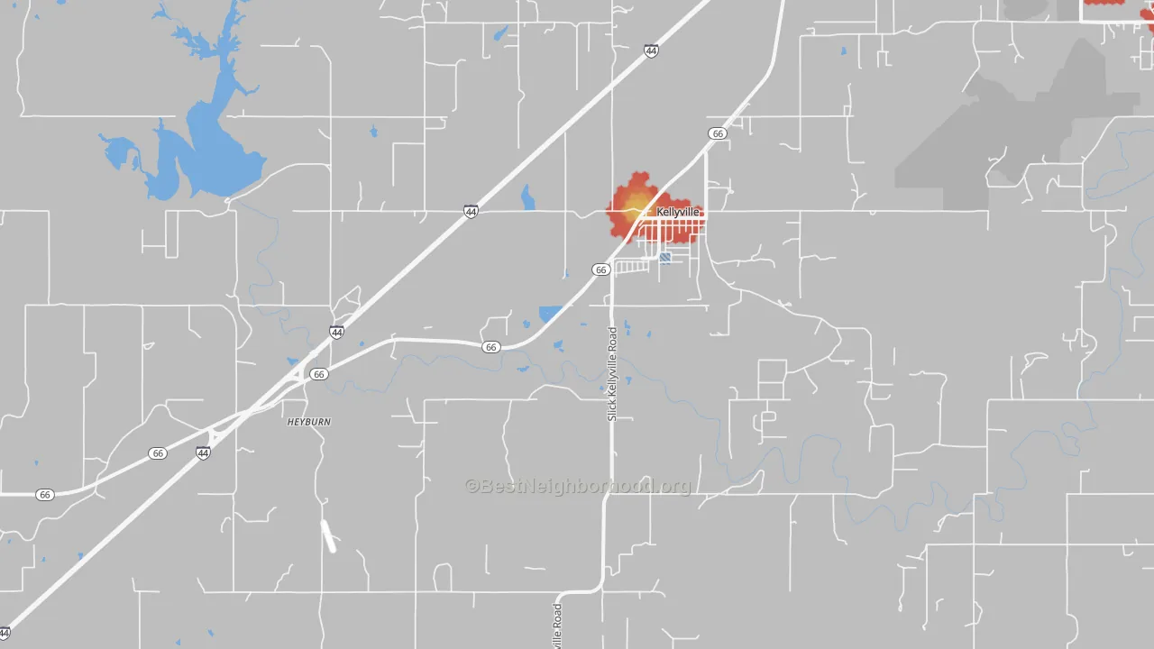 Walk Grade map of Kellyville, OK, walkable areas in green and car-dependent areas in red