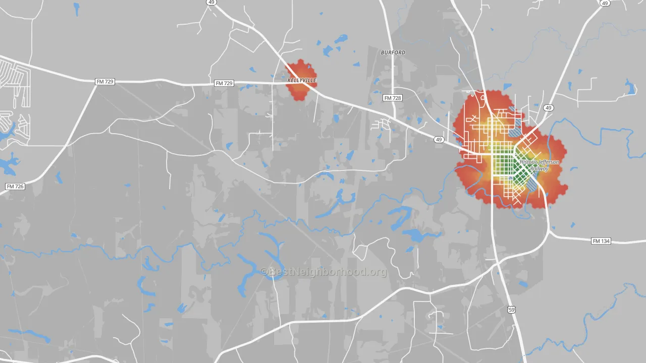 Walk Grade map of Kellyville, TX, walkable areas in green and car-dependent areas in red