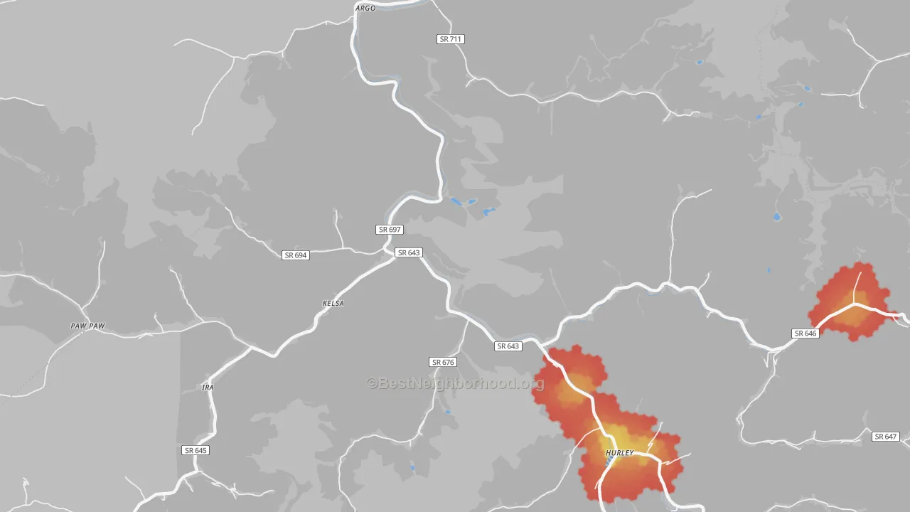Walk Grade map of Kelsa, VA, walkable areas in green and car-dependent areas in red