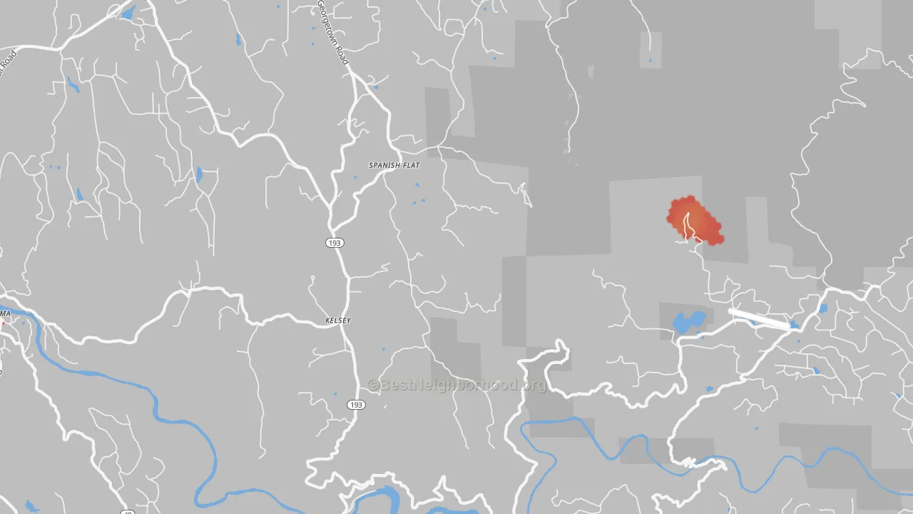 Walk Grade map of Kelsey, CA, walkable areas in green and car-dependent areas in red