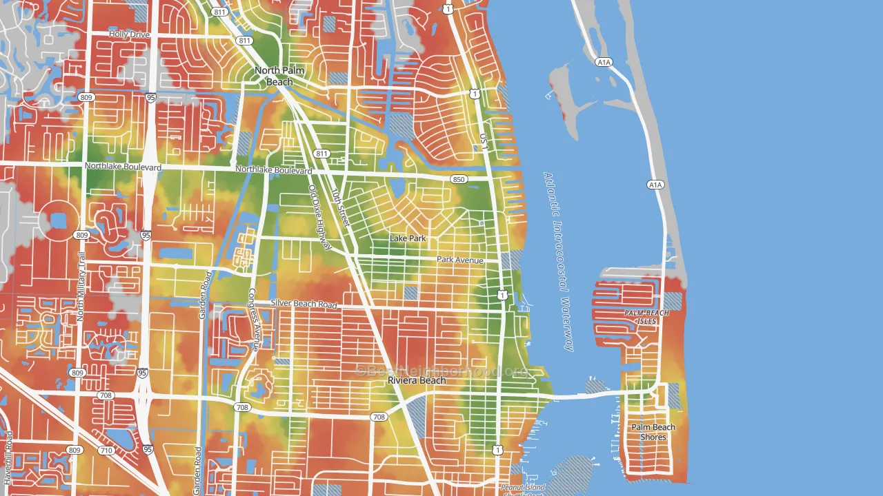 Walk Grade map of Kelsey City, Lake Park, FL, walkable areas in green and car-dependent areas in red