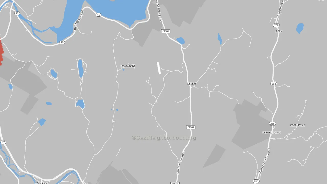Walk Grade map of Kelsey, NY, walkable areas in green and car-dependent areas in red
