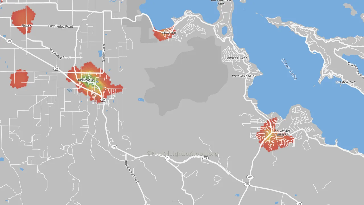 Walk Grade map of Kelseyville, CA, walkable areas in green and car-dependent areas in red