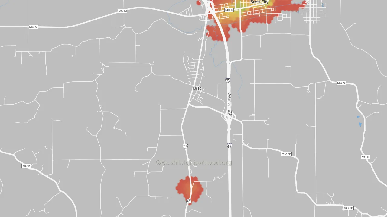 Walk Grade map of Kelso, MO, walkable areas in green and car-dependent areas in red
