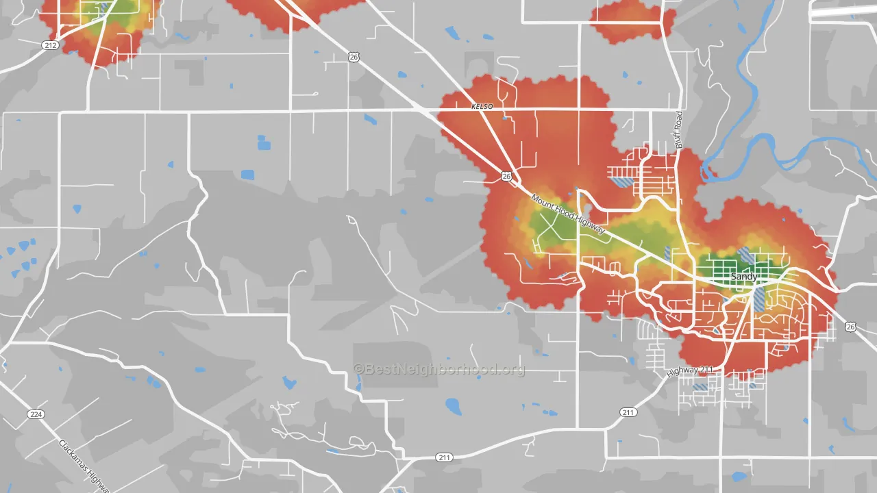 Walk Grade map of Kelso, OR, walkable areas in green and car-dependent areas in red