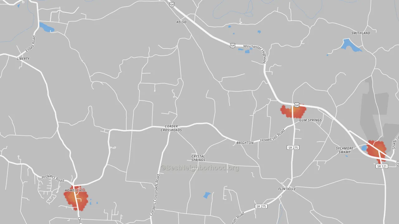 Walk Grade map of Kelso, TN, walkable areas in green and car-dependent areas in red