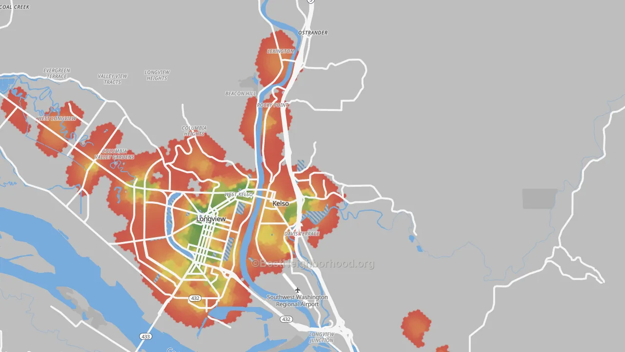 Walk Grade map of Kelso, WA, walkable areas in green and car-dependent areas in red