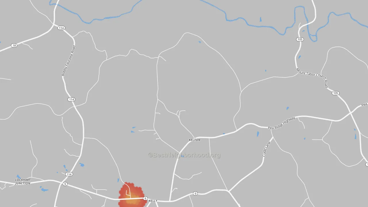 Walk Grade map of Kelton, SC, walkable areas in green and car-dependent areas in red