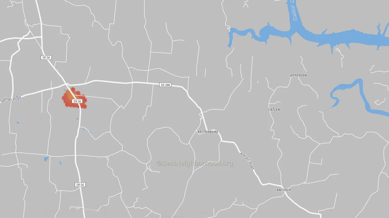 Walk Grade map of Keltonburg, TN, walkable areas in green and car-dependent areas in red