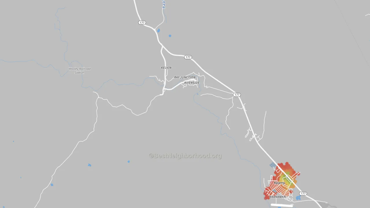 Walk Grade map of Kelvin, AZ, walkable areas in green and car-dependent areas in red