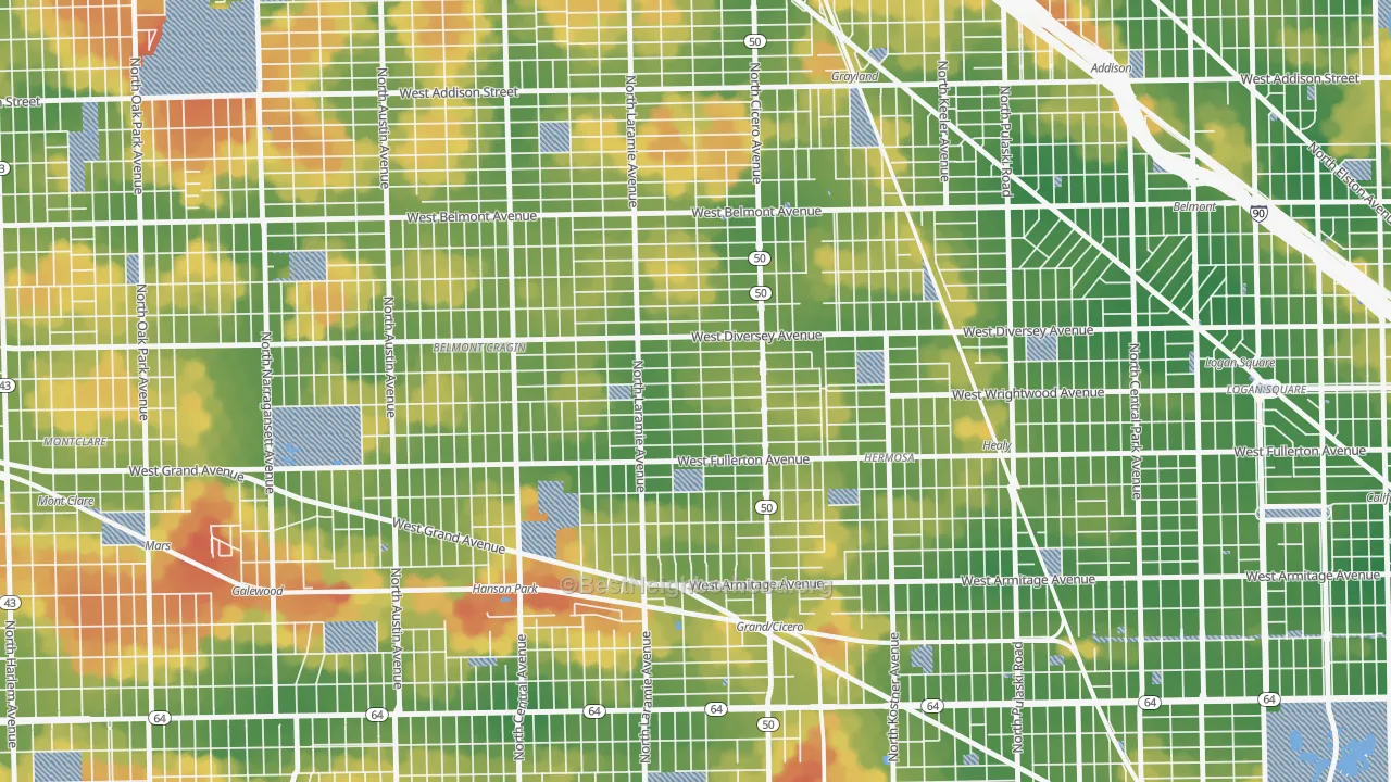 Walk Grade map of Kelvyn Grove, Chicago, IL, walkable areas in green and car-dependent areas in red
