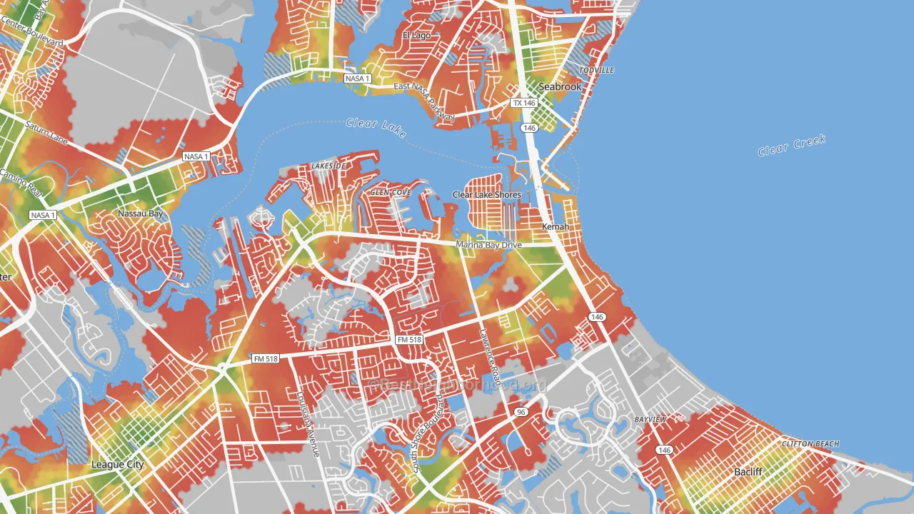 Walk Grade map of Kemah, TX, walkable areas in green and car-dependent areas in red