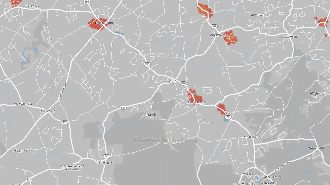 Walk Grade map of Kemblesville, PA, walkable areas in green and car-dependent areas in red