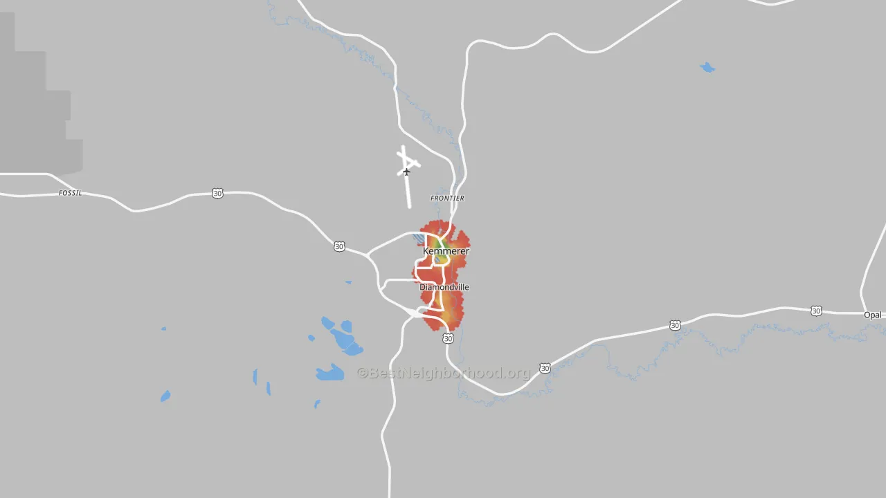 Walk Grade map of Kemmerer, WY, walkable areas in green and car-dependent areas in red
