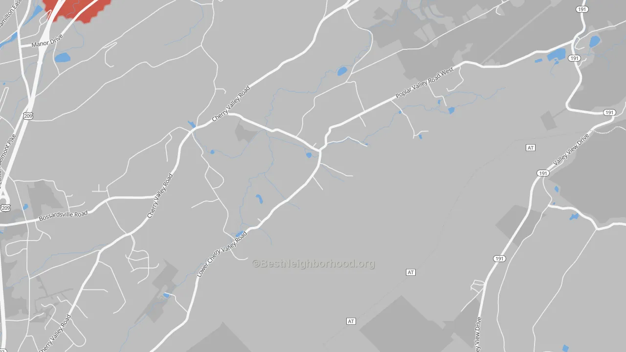 Walk Grade map of Kemmererville, PA, walkable areas in green and car-dependent areas in red