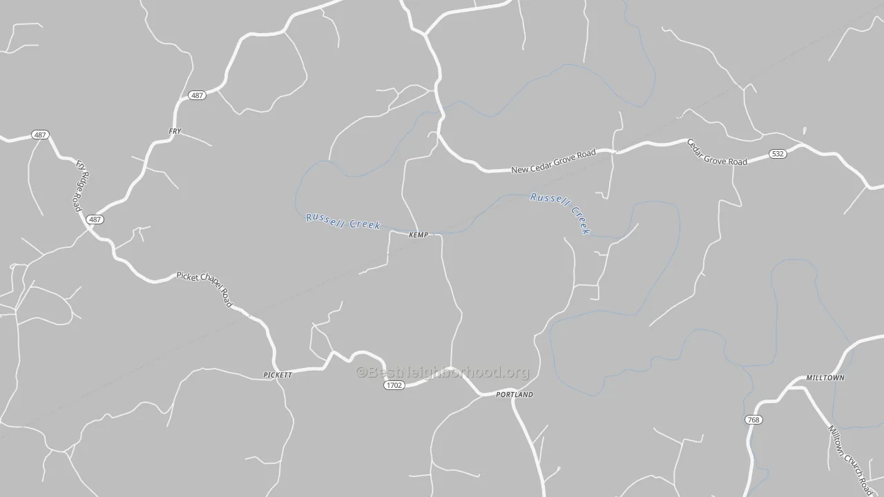 Walk Grade map of Kemp, KY, walkable areas in green and car-dependent areas in red