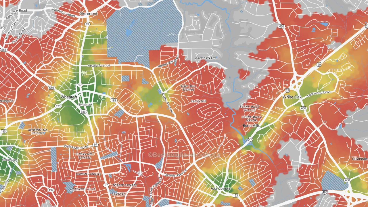 Walk Grade map of Kemp Mill, MD, walkable areas in green and car-dependent areas in red