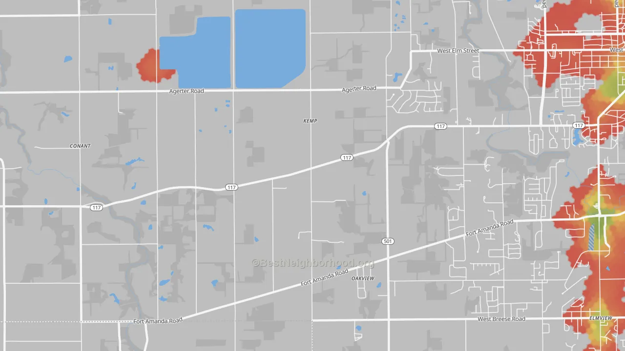 Walk Grade map of Kemp, OH, walkable areas in green and car-dependent areas in red