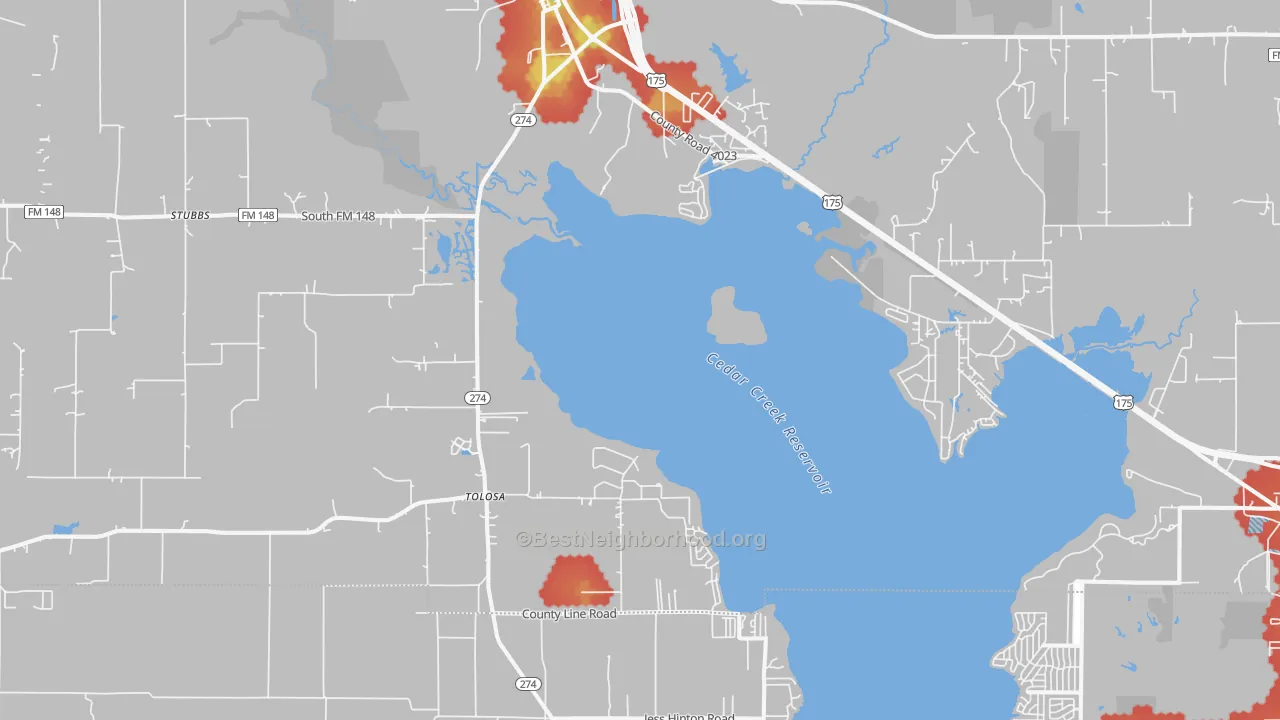 Walk Grade map of Kemp, TX, walkable areas in green and car-dependent areas in red
