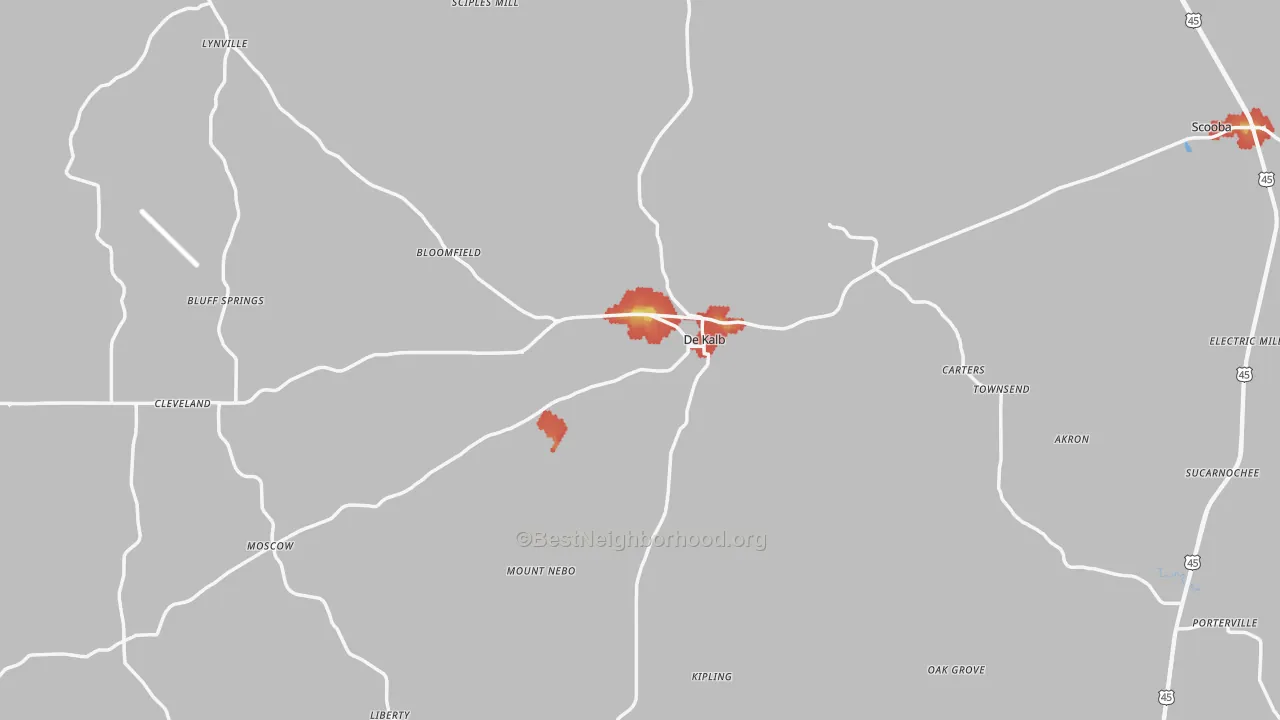 Walk Grade map of Kemper County, MS, walkable areas in green and car-dependent areas in red