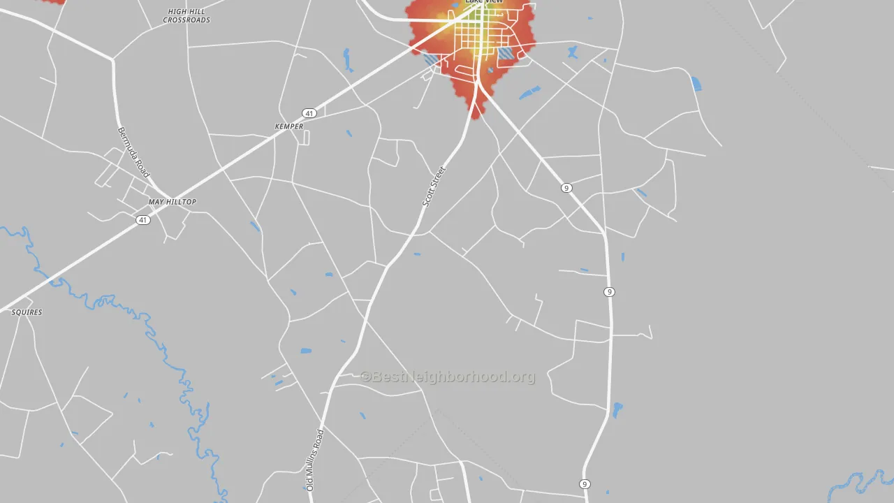 Walk Grade map of Kemper, SC, walkable areas in green and car-dependent areas in red