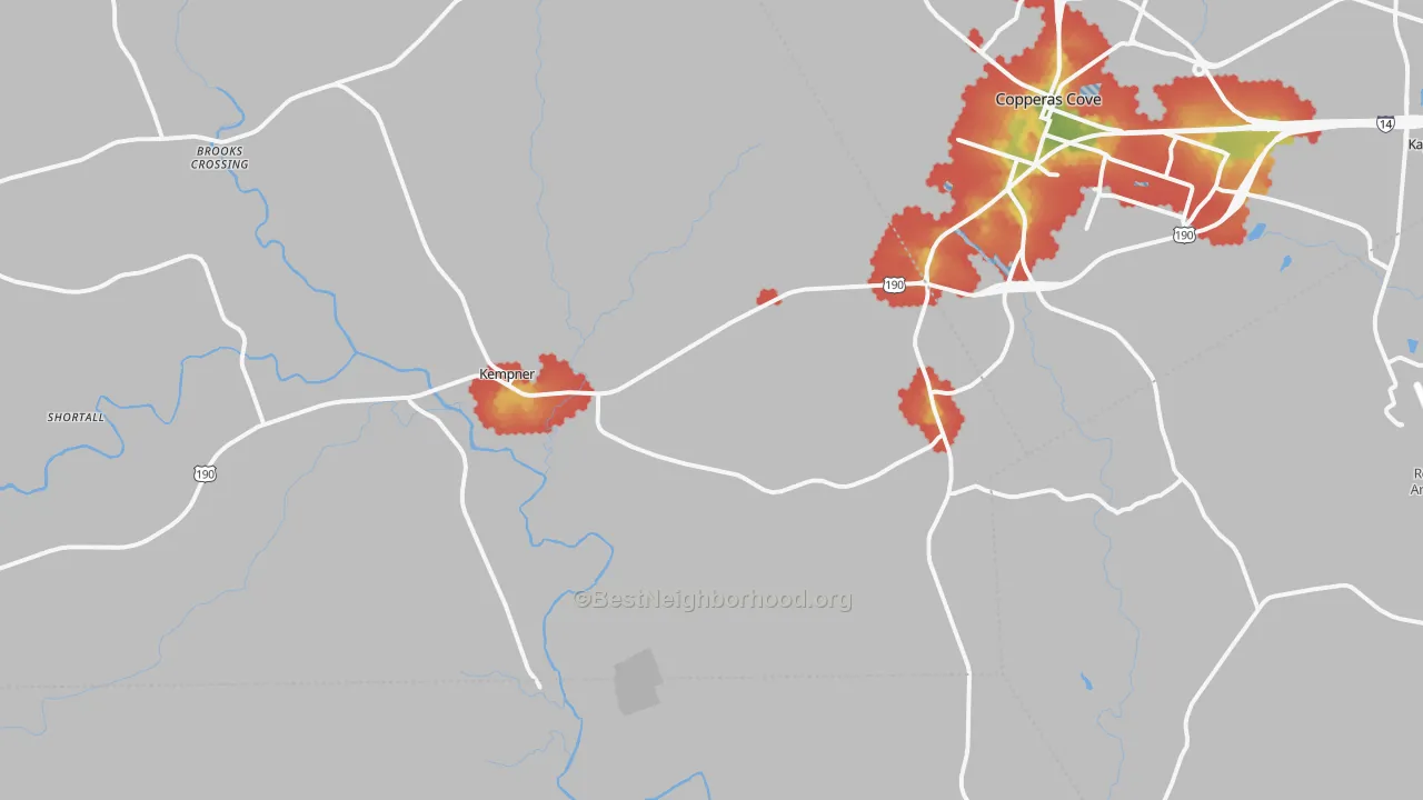 Walk Grade map of Kempner, TX, walkable areas in green and car-dependent areas in red