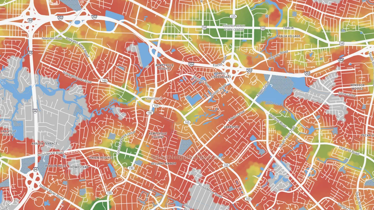 Walk Grade map of Kempsville Gardens, Virginia Beach, VA, walkable areas in green and car-dependent areas in red