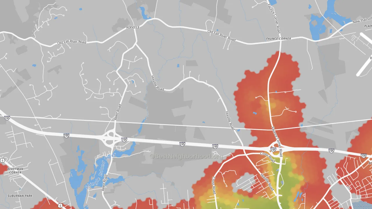 Walk Grade map of Kempton Croft, MA, walkable areas in green and car-dependent areas in red