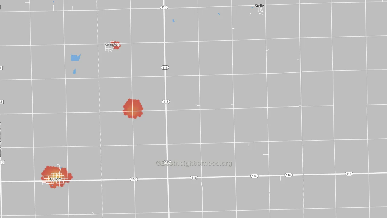 Walk Grade map of Kempton, IL, walkable areas in green and car-dependent areas in red