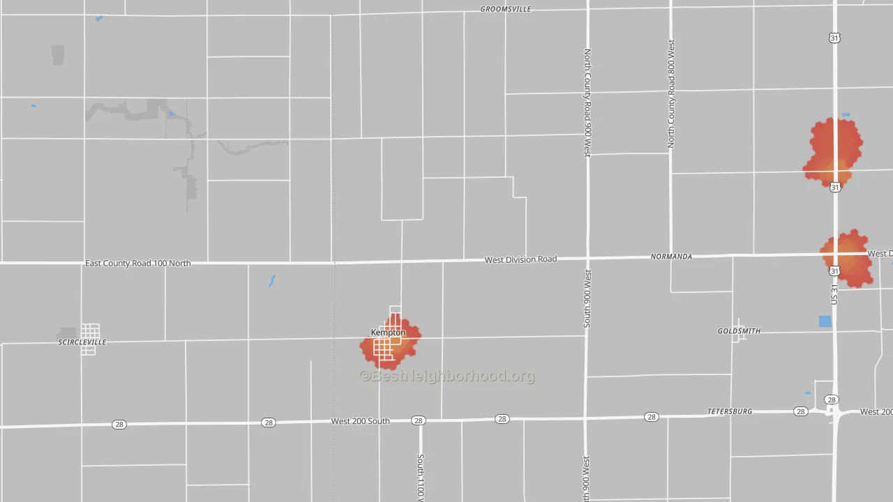 Walk Grade map of Kempton, IN, walkable areas in green and car-dependent areas in red